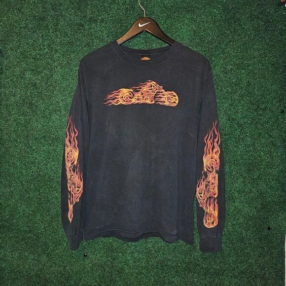 Y2k skull flames bike longsleeve tshirt - Picture 1 of 7